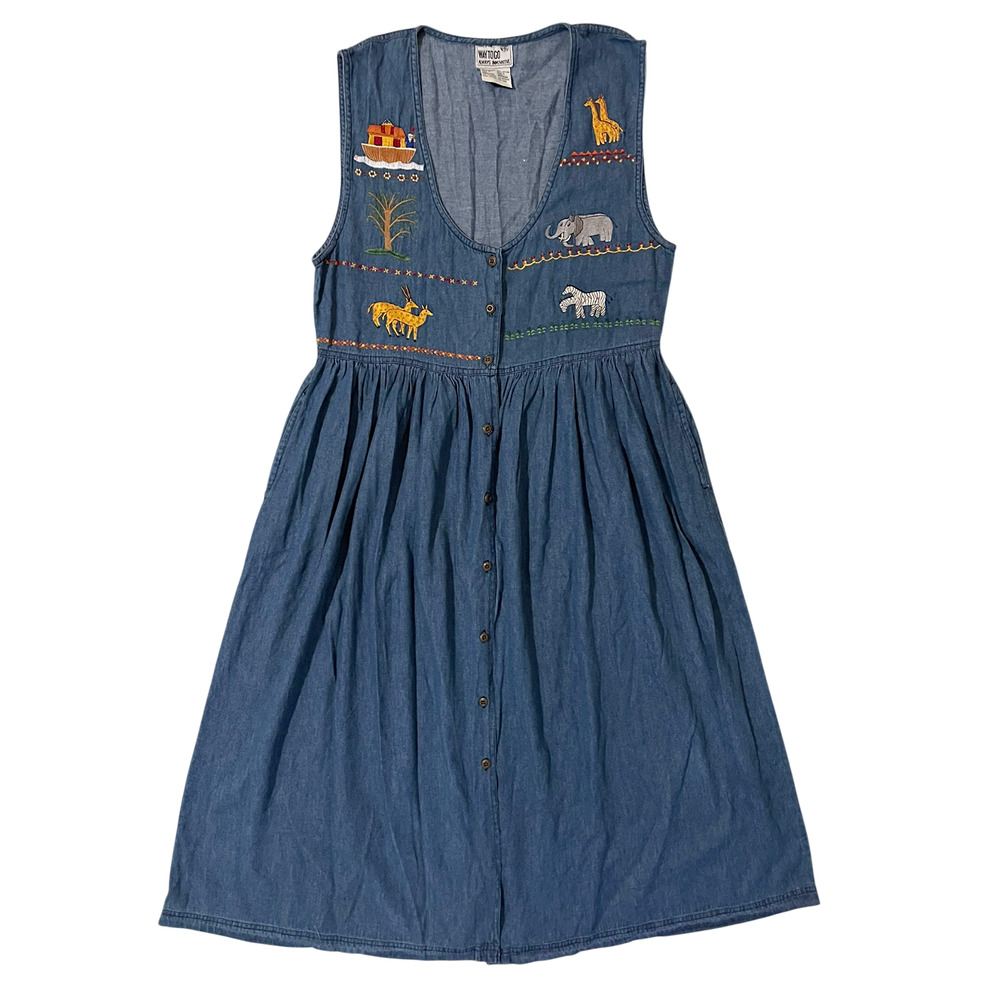 Way To Go Dress Embroidered Noah's Ark Denim Jean Midi Teacher Modest Christian